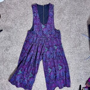 VTG 70s Paisley Corduroy Jumpsuit Wide Leg Culottes Purple Teal L/XL Custom Made